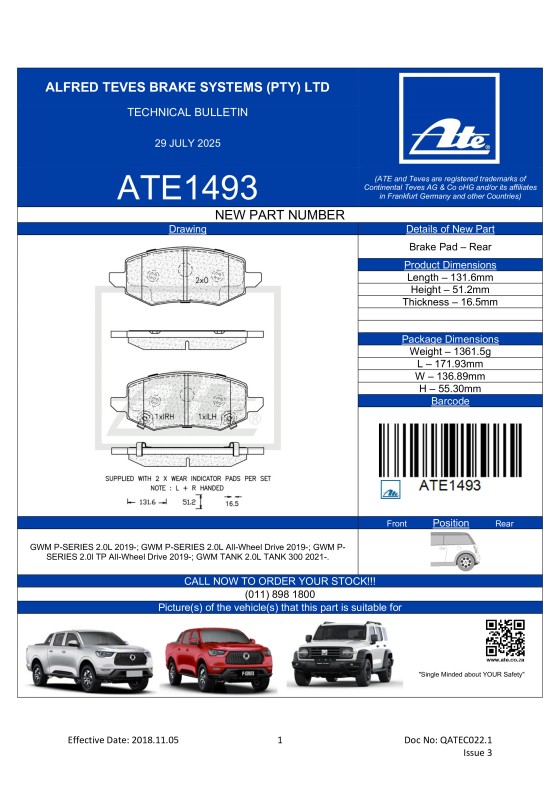 ATE1493 NEW! Brake Pad for GWM P-SERIES, GWM TANK featured image